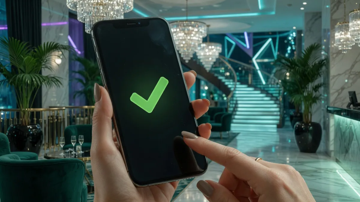 Chytrý telefon se zeleným symbolem zaškrtnutí a kasinové žetony